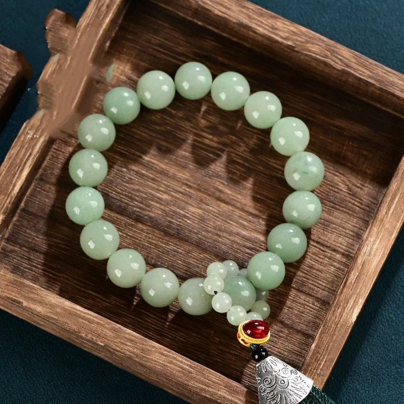 

12mm Nature He Tian Jade Bead Bangle Mala Rosary Bracelet 18 Beads Buddhism Bless Lucky Safety