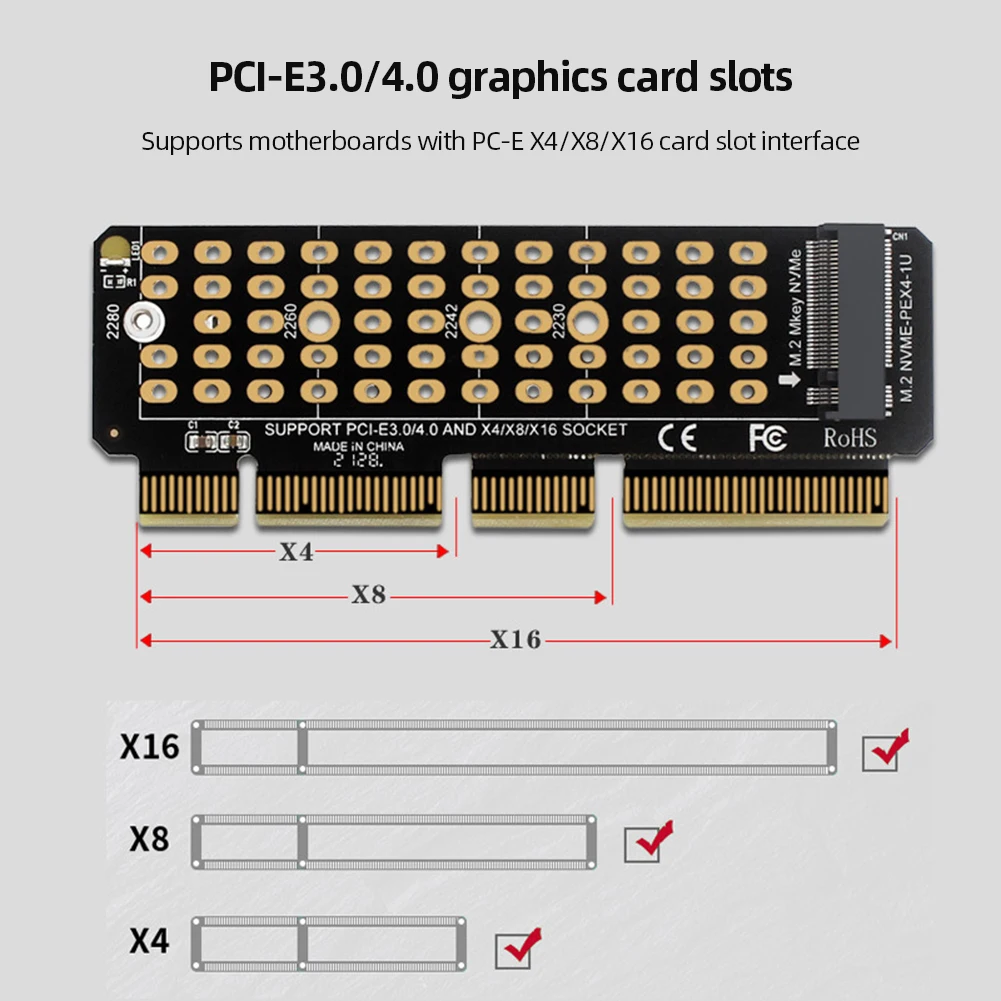 

Карта переходника MKEY PCIe, полная скорость X4 M2 NVME, адаптер Карточка SSD To PCIE4.0, карта ускорителя, поддержка 1U сервера для 2230-2280 M.2 SSD
