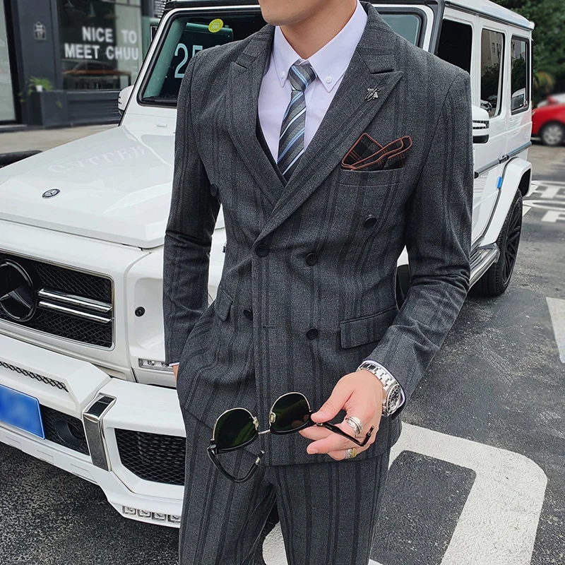 

(Jacket + vest + trousers)2022 Fine fashion men's stripe casual business suit High-end social formal suit 3 pieces groom wedding