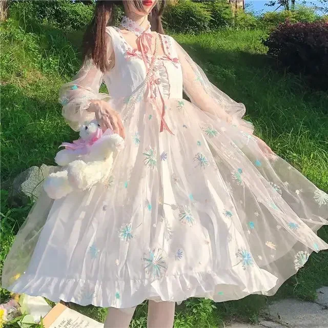 

Japanese Sweet Lolita OP Dress Women Cute Mesh Floral Long Sleeve Princess Party Dresses Soft Girls Harajuku Kawaii Vestidos