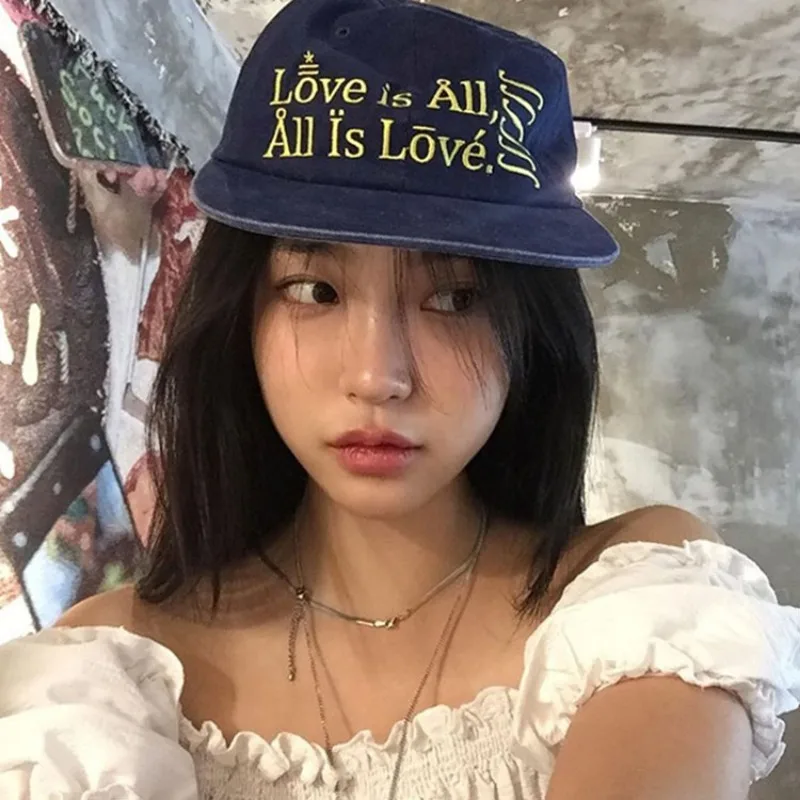 Korean Washed Retro Denim Blue All Is Love Letter Embroidered Flat Edge Cap Men and Women Casual Sunshade Baseball Hat Gorras