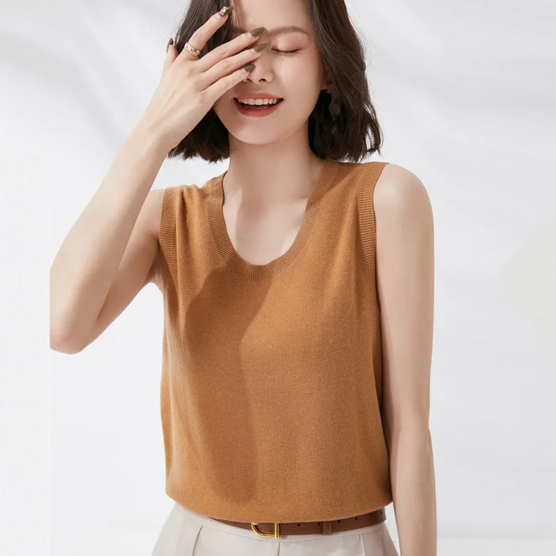 

Knitted Vest for round Neck Thin Bottoming Fashion Solid Color Temperament Wild Women's Sleeveless Shirt