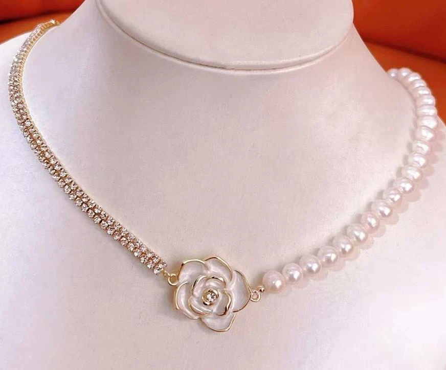 

Half Crystal Half Pearl Camellia Neckchain 6-7MM Round Natural Freshwater Pearl Necklace Women's Pearl Neckchain