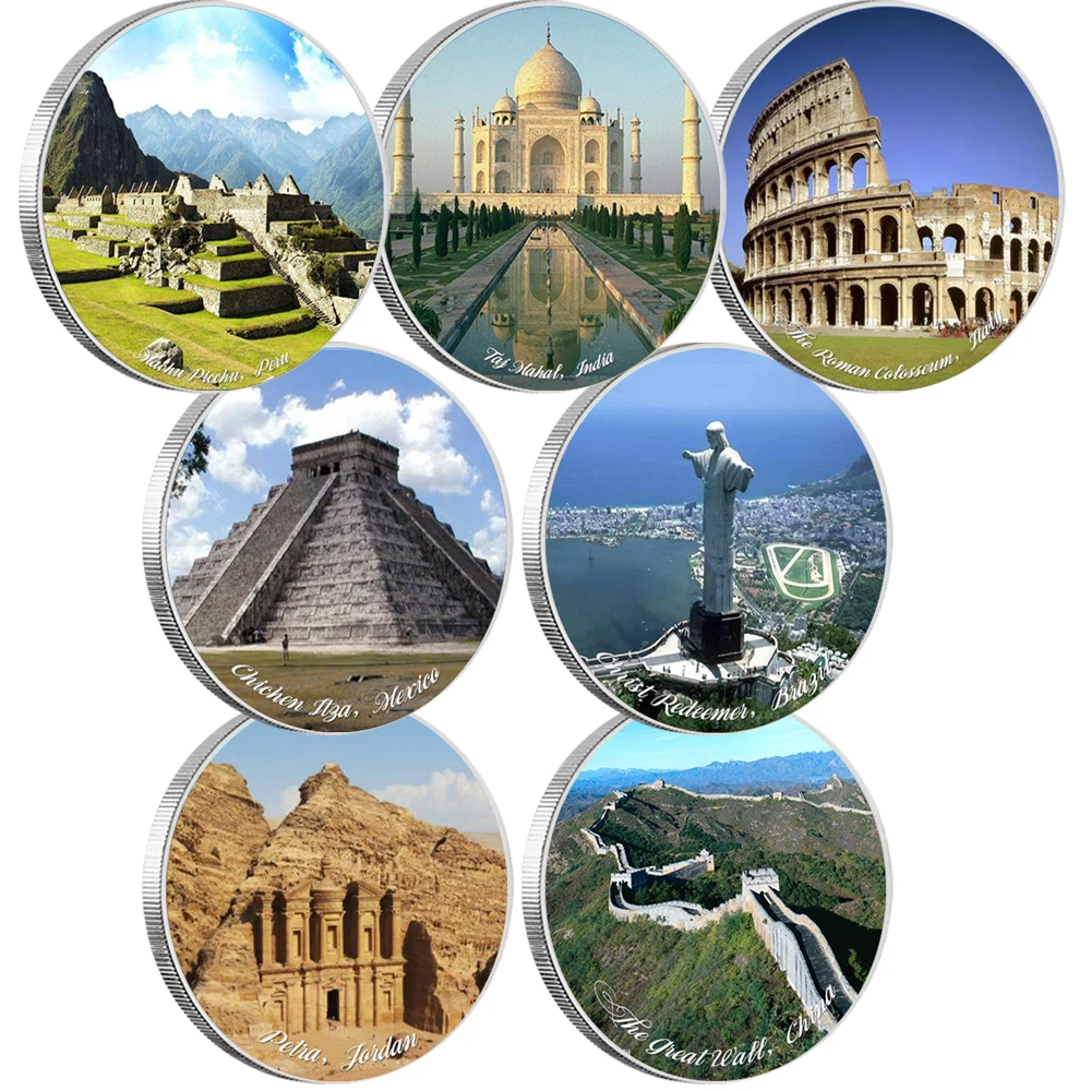 Sette Meraviglie Del Mondo Moneta Placcata Oro/Argento 1Oz Medaglione Classico Raccogli Regalo