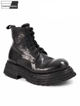 High Quality Mens Horsehide Genuine Leather Boots Lace Up Platform Shoes Handmade Vintage British Style Motorcycle Short Boots