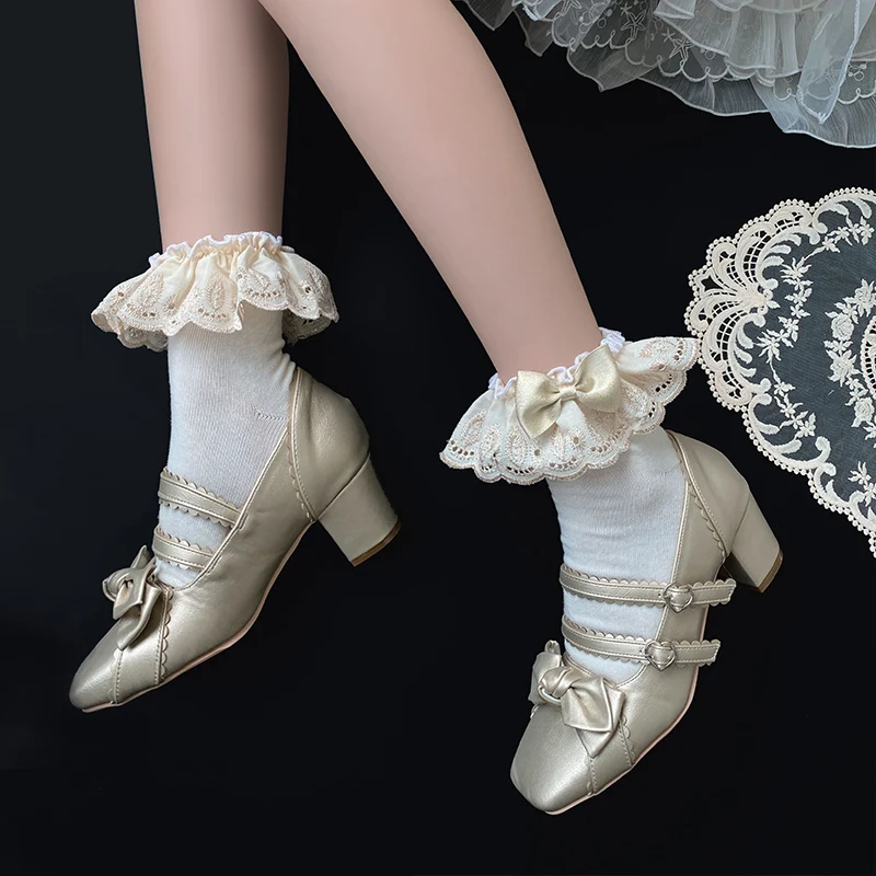 Retro Lace Embroidered Bow Champagne Gold Lace Pure Cotton Socks Lolita Maiden Girls Lace Socks Spring and Autumn Socks