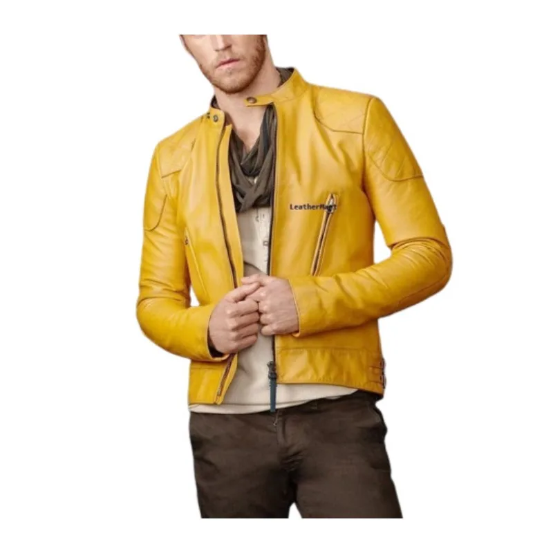 Men's Leather Jacket Yellow New Slim Fit Rider Genuine Sheepskin Jacket puma future rider spongebob ac infant lucent yellow puma white