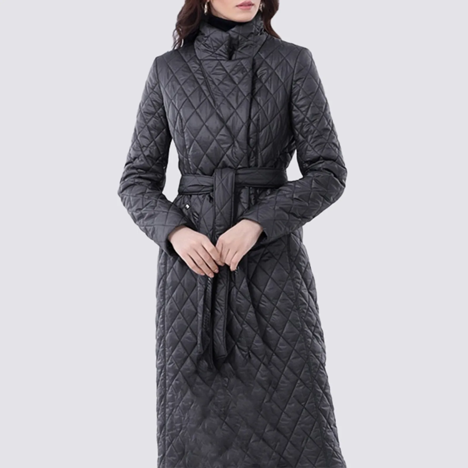 

Ladies' Long Cotton Coat Winter Fashion Solid Color Elegant Slim Fit Belted Lapel Long Sleeve Plaid Heavy Winter Jacket Women