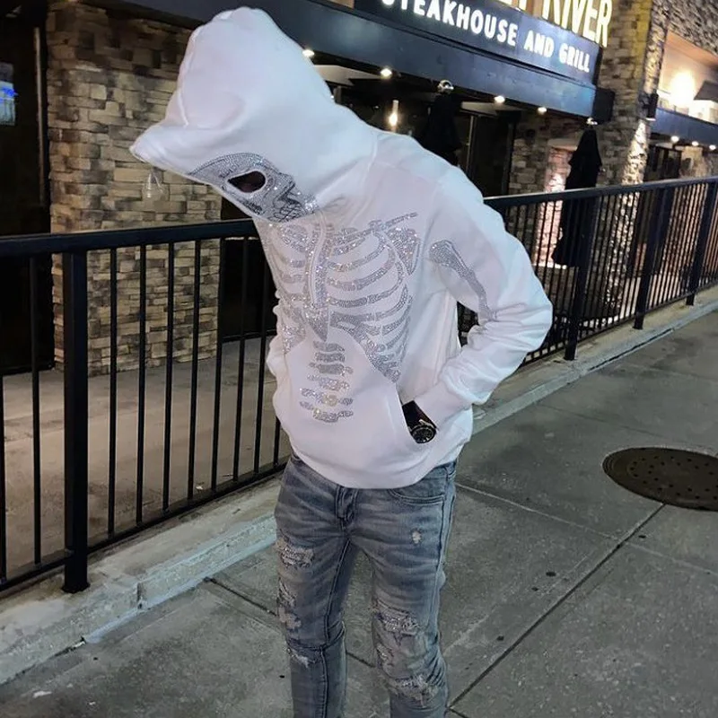 Fashion Skeleton Rhinestones White Zip up Hoodie Men Women Y2k Clothing  Long Sleeve Sweatshirts Hip Hop Streetwear Oversized Top - AliExpress