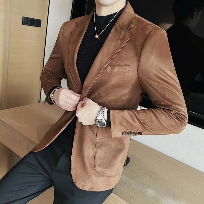 Men Deerskin Velvet Suede Fabric Suit Jacket Slim Suit Jacket Male Casual Business Single Button Blazer Coat Plus Size Xxxl