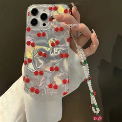Adorable Cherry Water Ripple Full Screen Phone Case with Charming Bracelet Wristband - iPhone 15 Plus (Silver)