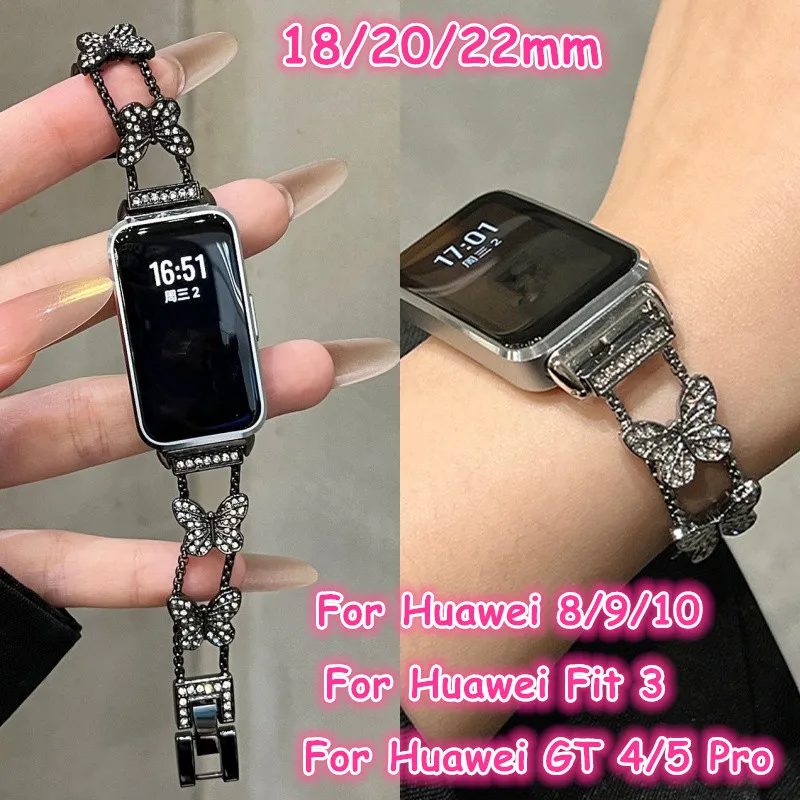 Luxurious Bling Butterfly Diamond Metal Smartwatch Bracelet Strap, 18-22mm