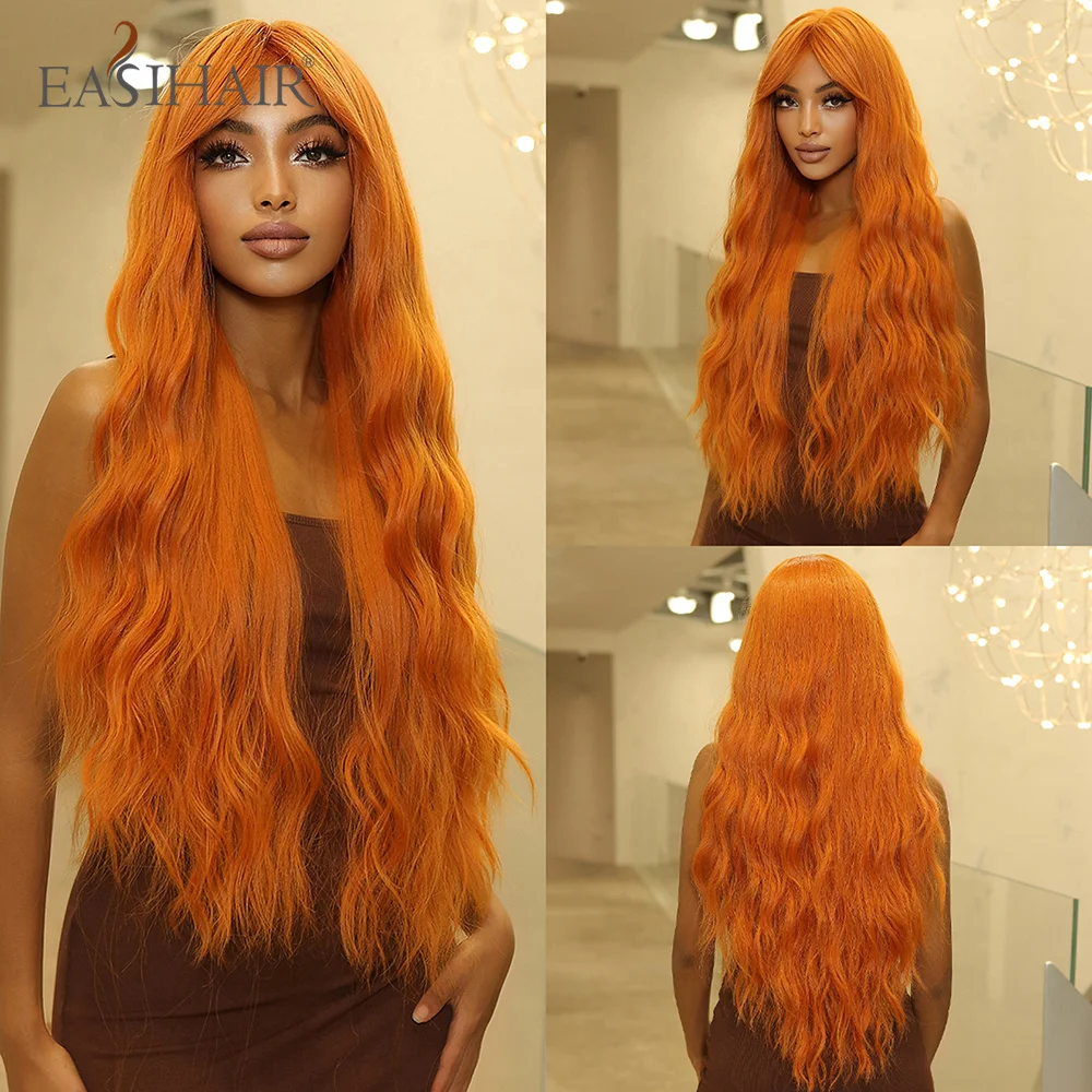 

EASIHAIR Copper Ginger Orange Synthetic Wigs with Bangs Long Water Wave Hair Wig for Women Daily Cosplay Natural Heat Resistant