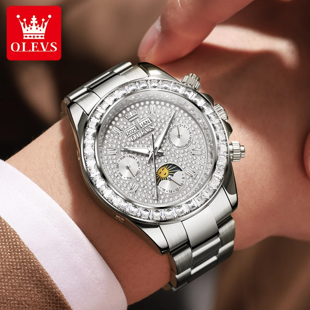 OLEVS 7038 Men Automatic Watch Full Diamond Mechanical Watch For Men Luxury Date Moonswatch Original Waterproof Male Wristwatch