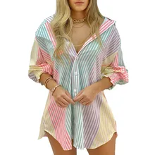 

New Women Shirts Fashion Long Sleeves V-Neck Buttons Striped Shirts Tops Temperament Commuter Single Breasted Slim Shirt Dresses