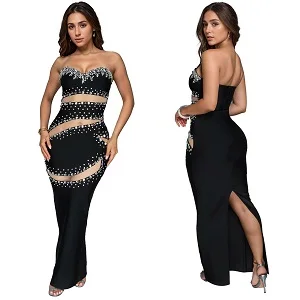 PORRCEY Women's Hot Drilling Craft Sexy Long Sleeve Mesh See Through Party Club Night Dress