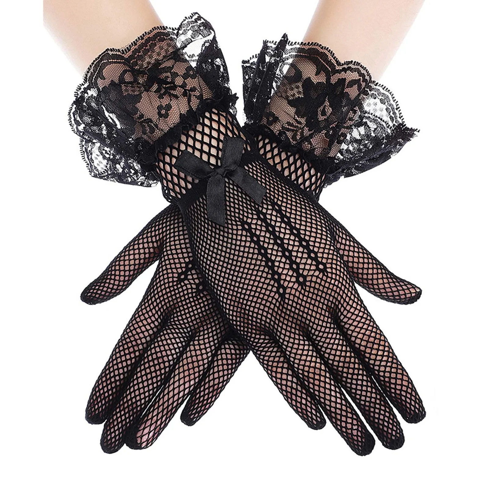 

Elegant Ladies Short Lace Gloves Sheer Fishnet Black White Prom Party Gloves Female's Fashionable Soild Color Mittens Hot