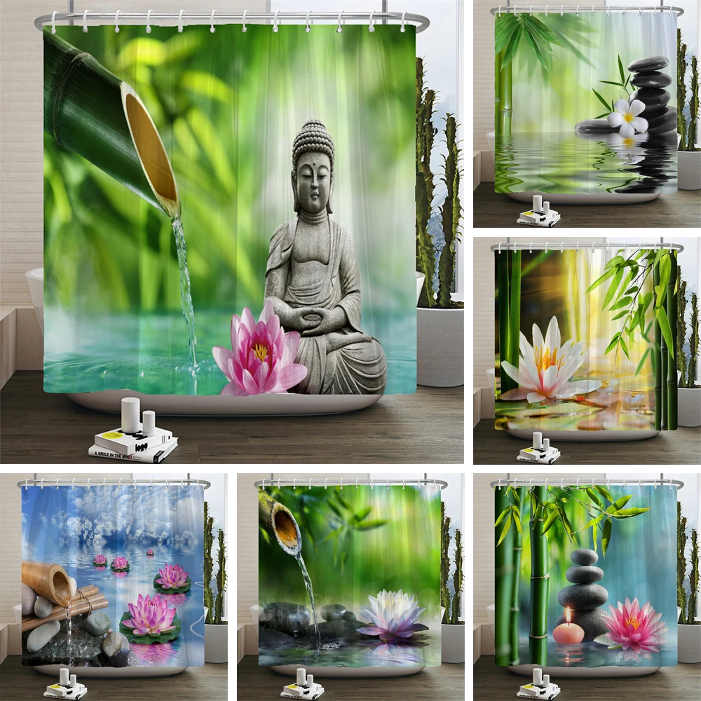 

Zen Spa Lotus Japanese Meditation Shower Curtain Basalt Stones Herbal Oil Scent Candles Bamboo Water Home Decor Waterproof Set