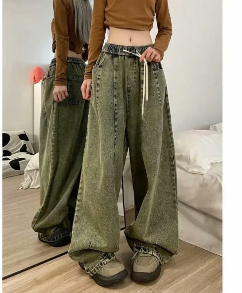 Spring Women Vintage Baggy Jeans Elastic Waist Oversized American Trouser  Denim Wide Leg Streetwear Straight Basic Pants Y2k - Jeans - AliExpress