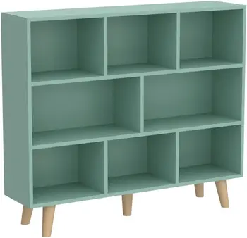 Wooden Open Shelf Bookcase - 3-Tier Floor Standing Display Cabinet Rack with Legs, 8 Cubes Bookshelf, Tiffany-Green 1