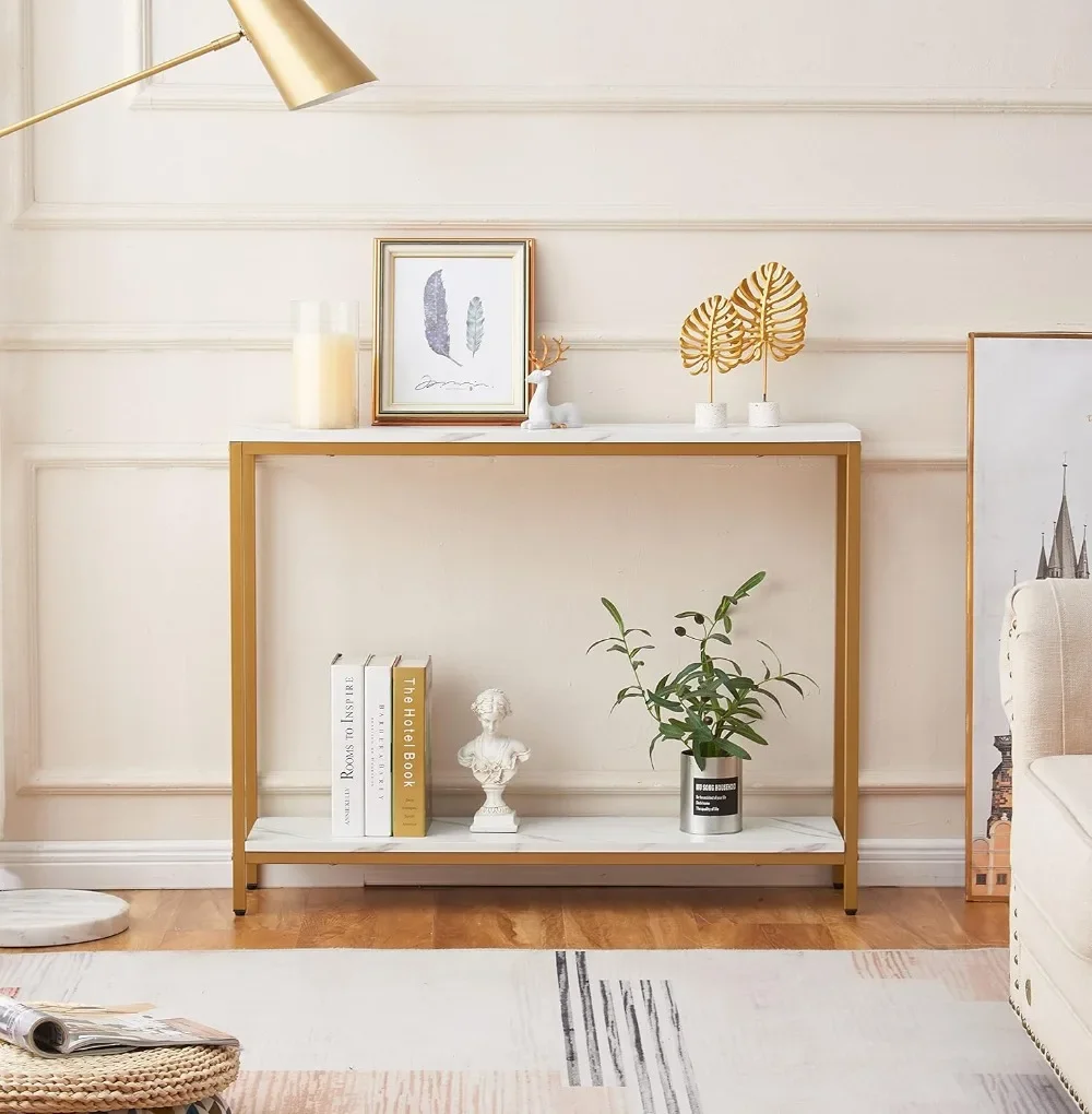 Console Table for Entryway, Faux Marble MDF Sofa Table with Golden Frame (Double Layer, White Marble) 3