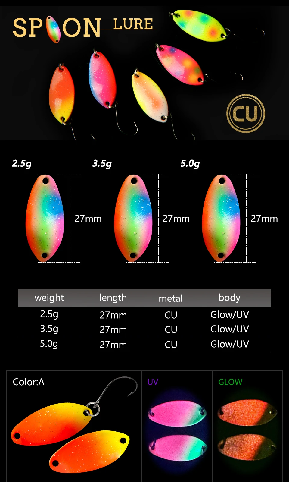 LETOYO 2,5g 3,5g 5g Löffel Köder Leuchtende UV Spinner Köder Forelle Spinner doppelseitige Malerei Kupfer Löffel angeln Locken Bereich Forelle – Detail 5