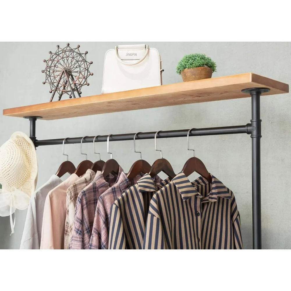 Portable Heavy-Duty Iron Clothing Rack with Wooden Shelves for Industrial Use