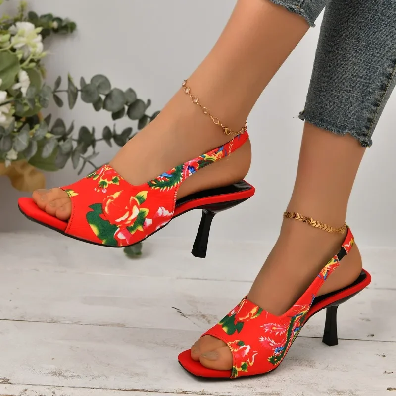 

Женские туфли 2024, Брендовые женские сандалии без шнуровки, модные сандалии с рисунком, женские Этнические новые сандалии на квадратном каблуке