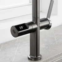 Light luxury gun gray brass kitchen faucet digital display induction design single handle cold & hot dual l 2 function sink Tap 4