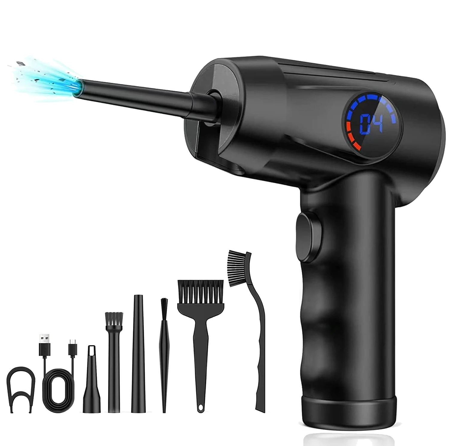Souffleur Air Comprimé, 120000RPM Mini Souffleur Sans fil Puissant avec Lumière LED, 4 Vitesses Électrique Souffleur Batterie de Nettoyage PC pour, Clavier, Meubles et Voitures