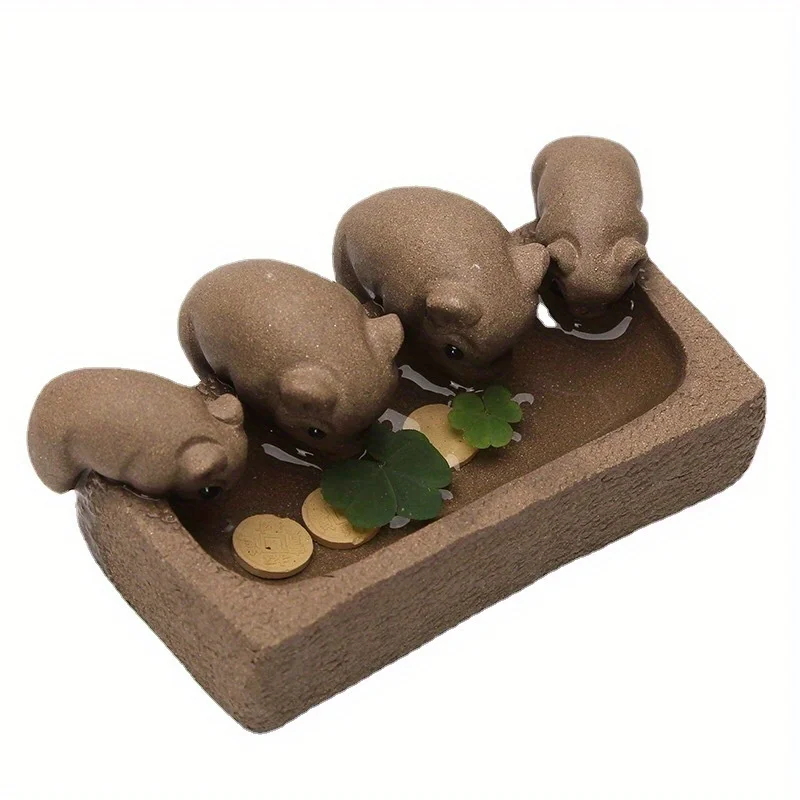 Handcrafted Four Little Pigs Drinking Water Purple Sand Figurine Sculpture, Statues for Decoration, Living Room Decoration