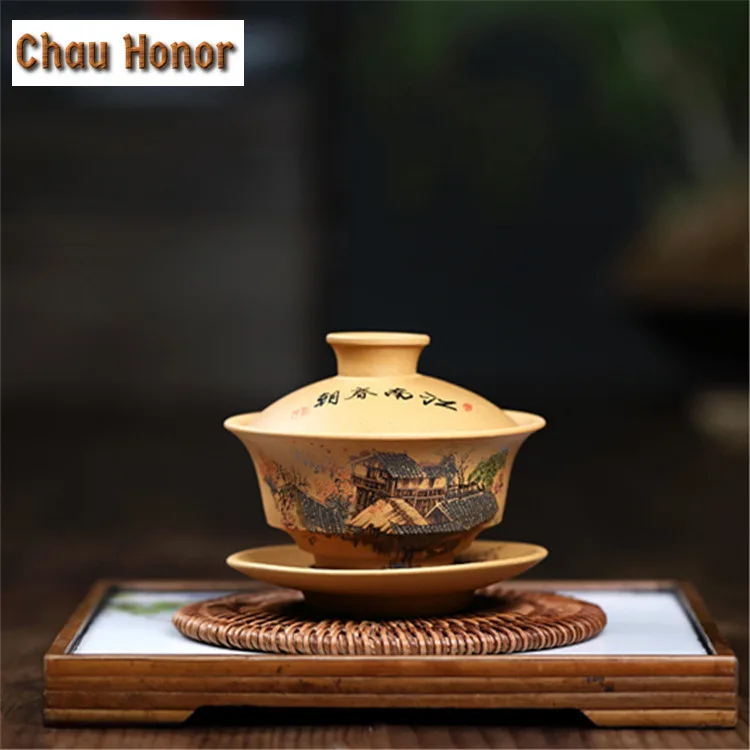 150ml Handmade Yixing Purple Clay Gaiwan Raw Ore Section Mud Tea Tureen Tea Bowl With Lid Kit Tea Brewing Cover Bowl Teaware
