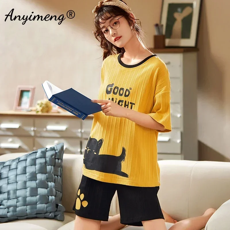 새로운  여성 잠옷 여름 반바지 코튼 Pijamas Yellove 귀여운 고양이 인쇄 패션 소녀의 Homewear 한국어 pyjama 세트