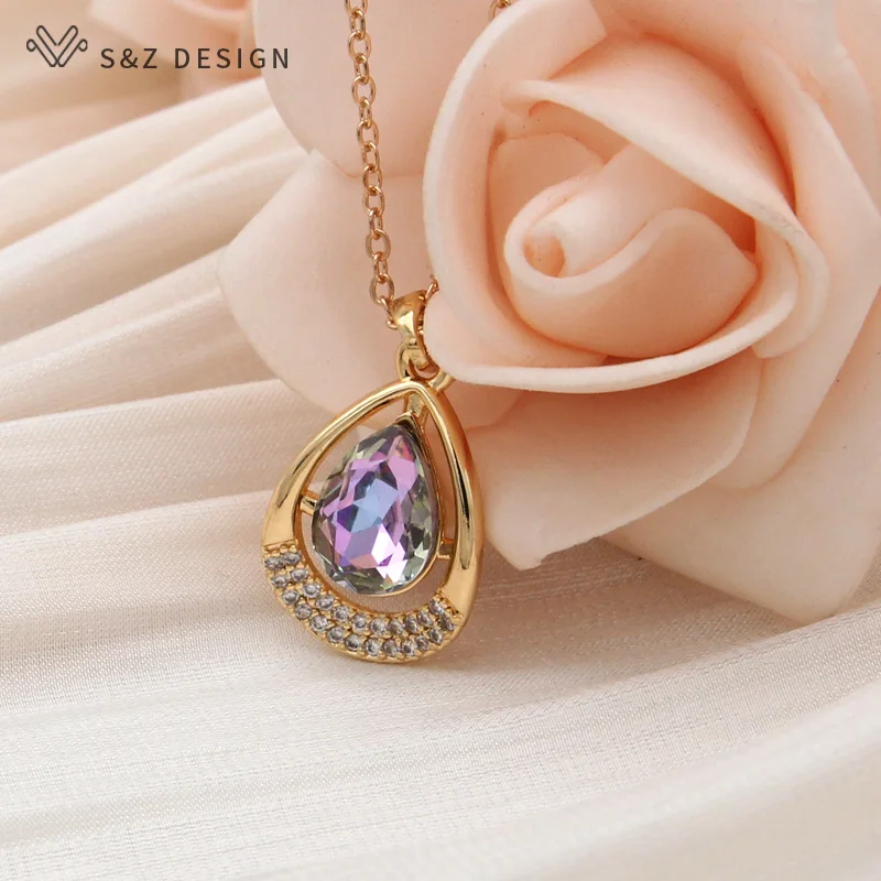 S&Z DESIGN New Fashion Water Drop Crystal Pendant Necklace For Women Champagne Gold Color Zirconia Collarbone Chain Jewelry