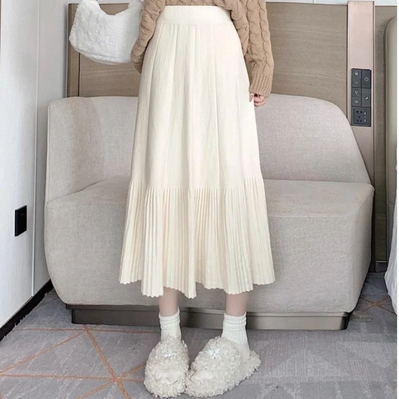 Pleated Knitted Dress Women's Autumn 2024 New A- line Mid-Length Umbrella Winter High Waist Skirt Fashion