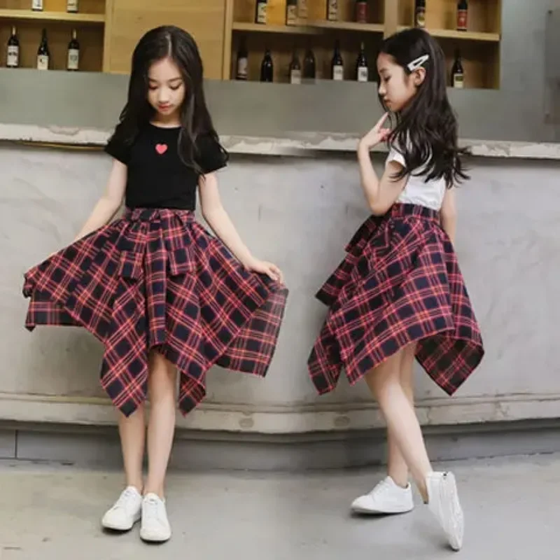 

New Summer Baby Clothes Set for Girl T-shirt+shorts 2pc Suit Children Short Sleeve Kids Plaid Skirts Girls Clothing
