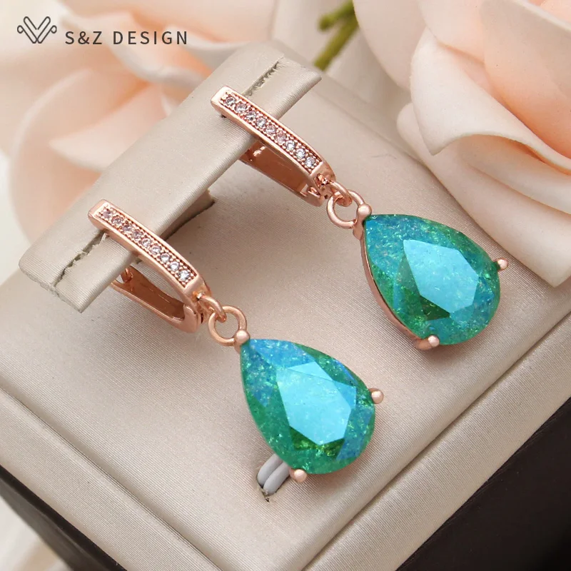 S&Z DESIGN New Fashion Cubic Zirconia Water Drop Ice Crack Crystal Dangle Earrings For Women 585 Rose Gold Color Eardrop Jewelry
