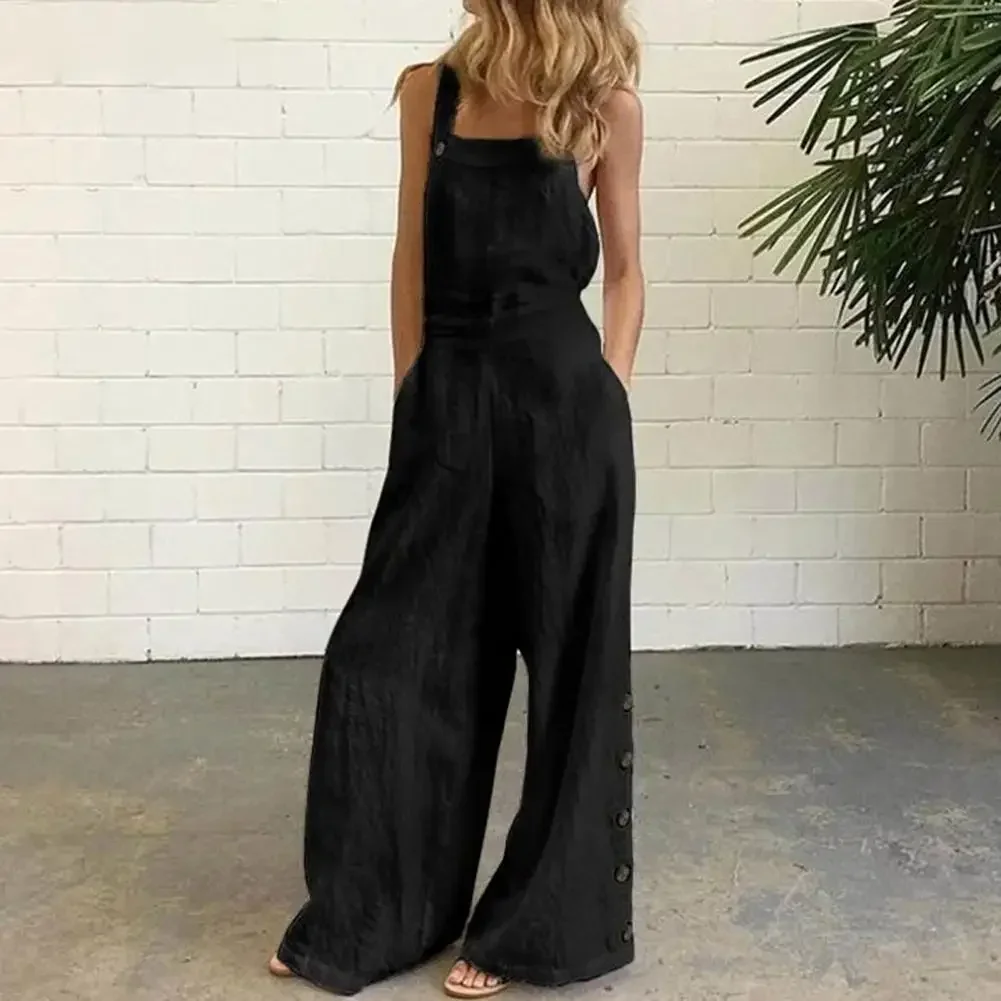 2024 Women Jumpsuit Summer Sleeveless Solid Color Wide Leg Pockets Loose Strappy Playsuit Overall Wide Leg Pockets Mono Verano