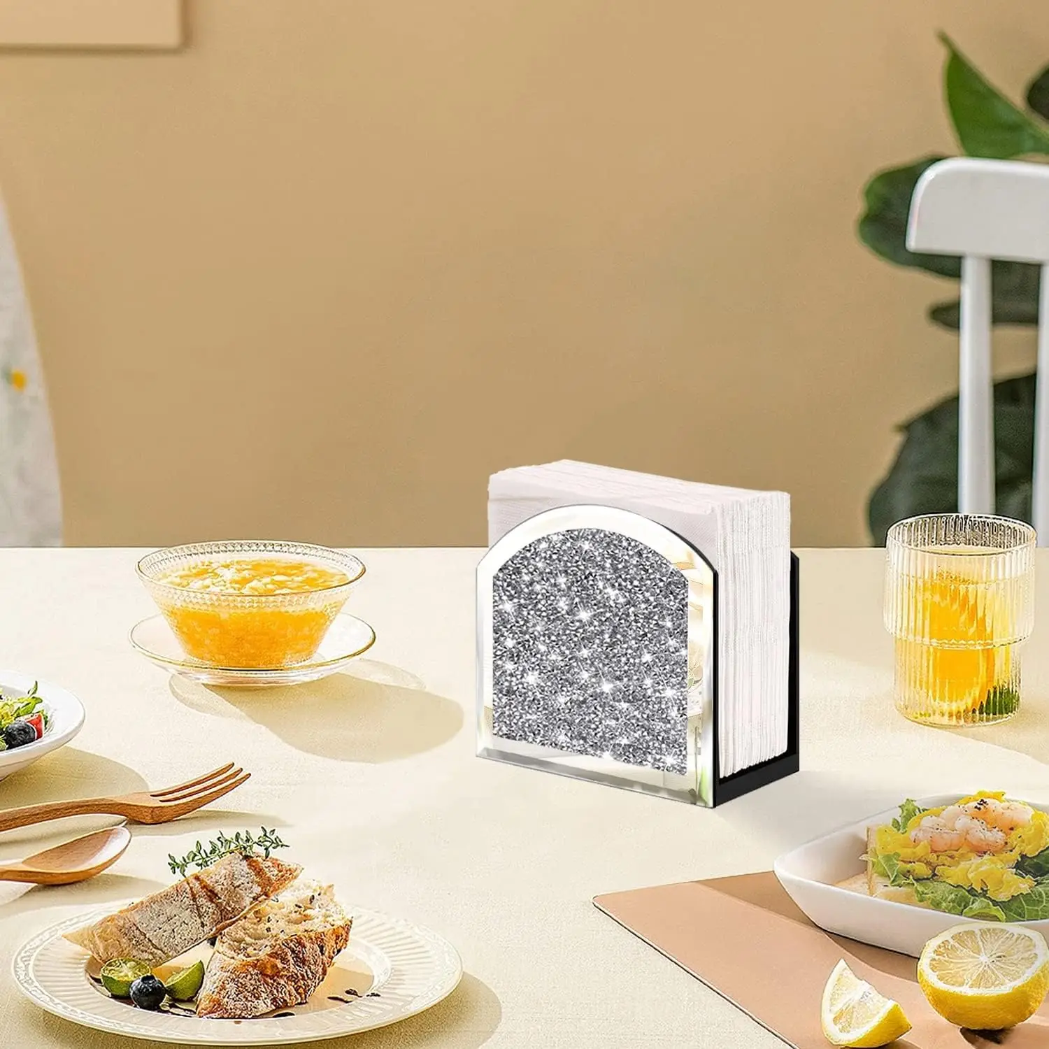 Mirror Napkin Holder,Crystal Crushed Diamond Vertical Holder,Cute Glass Mirror Napkin Holder for Counter or Table 2