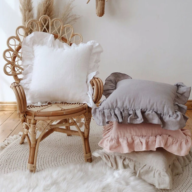 Copricuscino Vintage Bianco Con Volant Euro Shabby Farmhouse Federe In Puro Lino 100% Set Di 2