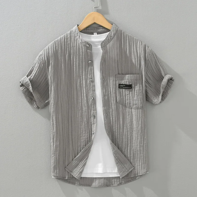 

Новинка лета 2024, рубашки Lyocell с воротником-стойкой и коротким рукавом для мужчин, повседневные свободные рубашки