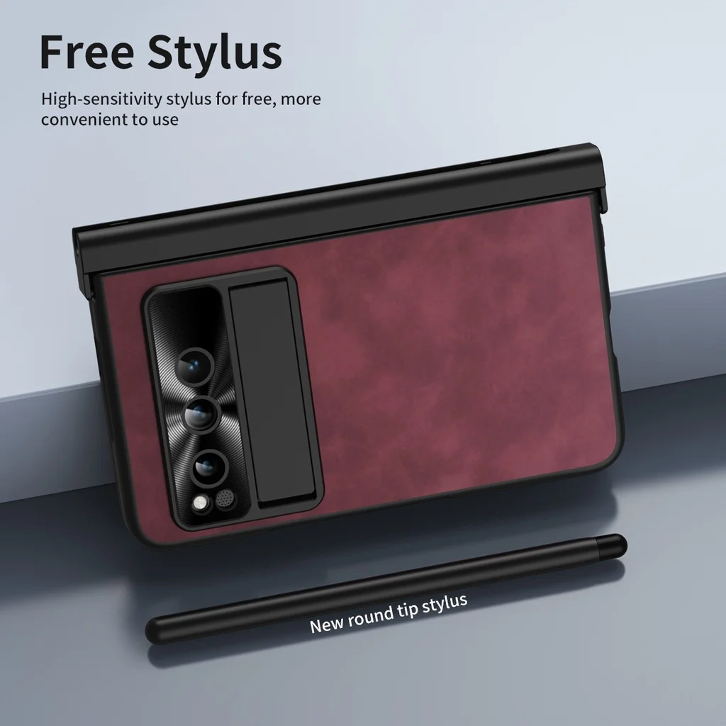 For Google Pixel Fold Case Slot Kickstand with Tempered Film Matte Plain Leather Hard Shockproof Protection Back Cover with Pen