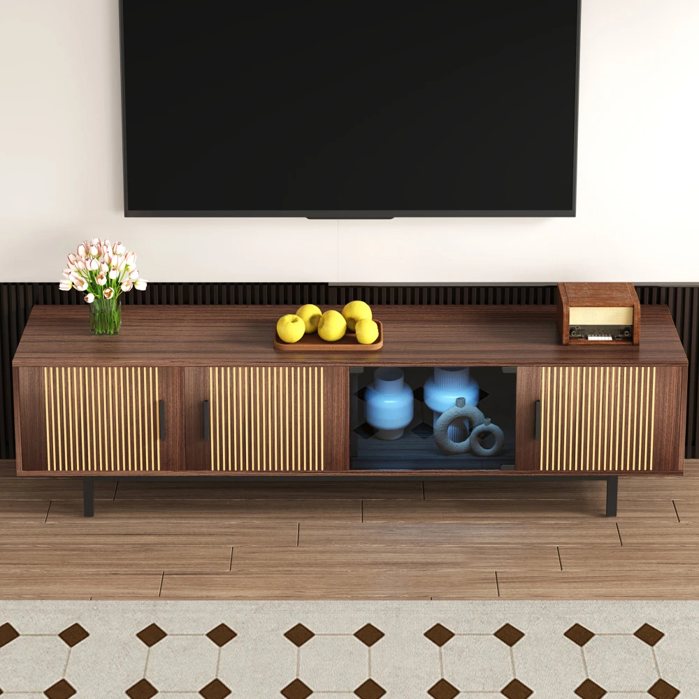 Moderner LED-TV-Schrank mit geschnitzter Textur – Tür aus gehärtetem Glas, Hochglanz-TV-Möbel für Wohnzimmer, Aufbewahrungsschrank – Detail 3