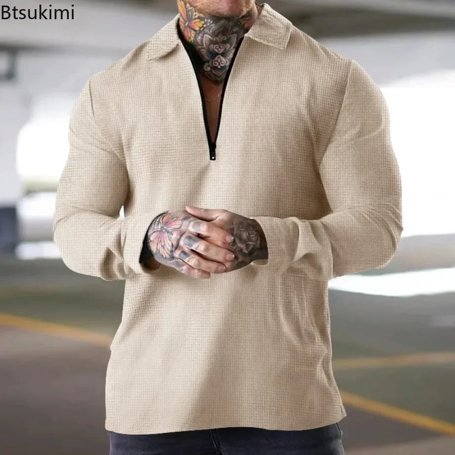 Nuove Polo a Maniche Lunghe da Uomo, Comode e Traspiranti, in Tessuto Waffle, T-shirt Tinta Unita, Moda con Mezza Zip e Colletto, Casual, per Golf e Sport - immagine 5