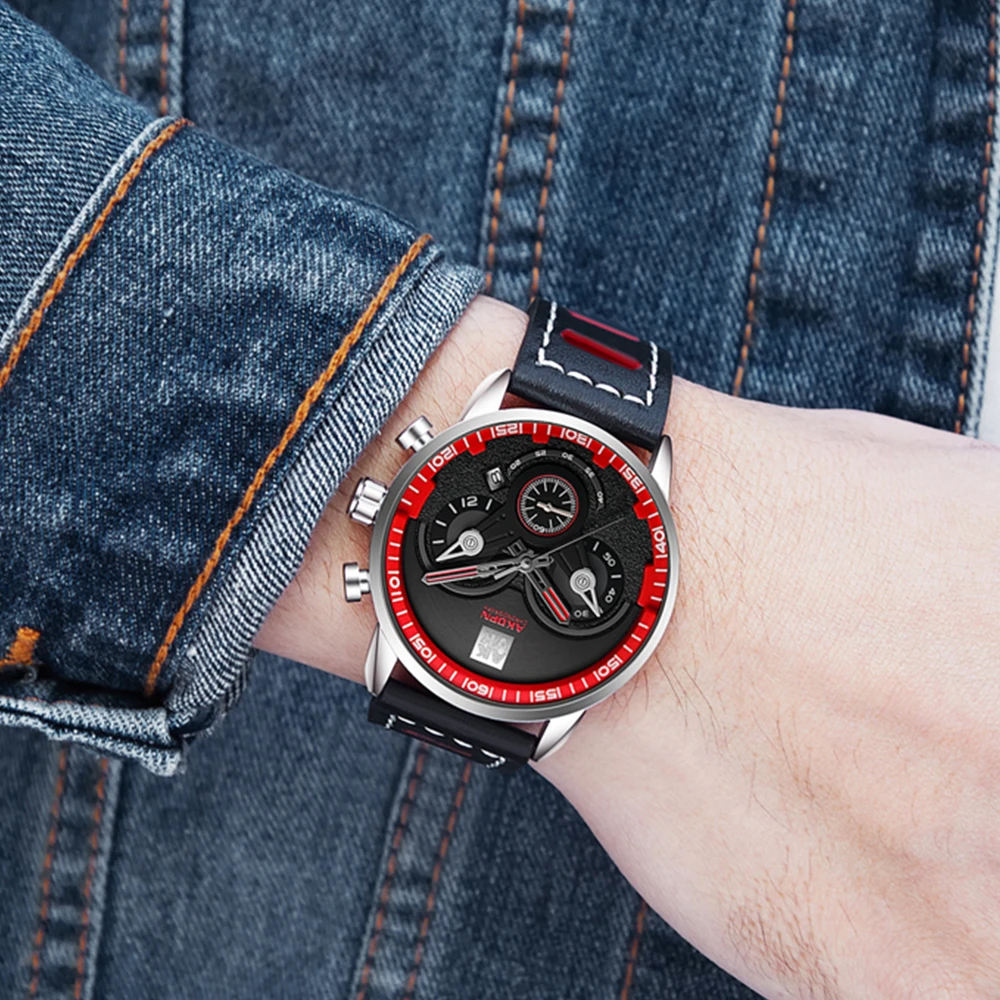 Sports Mens Quartz Watch Creative Function Big Dial Waterproof Clock Male Leather Strap Fashion Watches Hombre Relogio Masculino