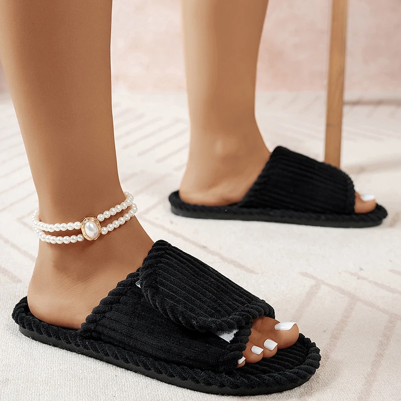 Simple Flat Heel Home Slippers Women Corduroy Open Toe Indoor Bedroom Slides Woman Comfortable Lightweight Non Slip House Shoes