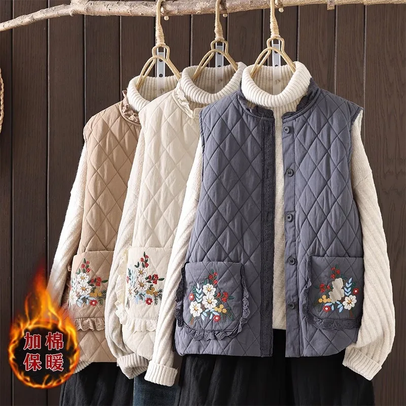 

Женский Повседневный жилет с подкладкой, осенне-зимний Новый Винтажный жилет с цветочной вышивкой и круглым вырезом, свободная куртка без рукавов, женский жилет W187