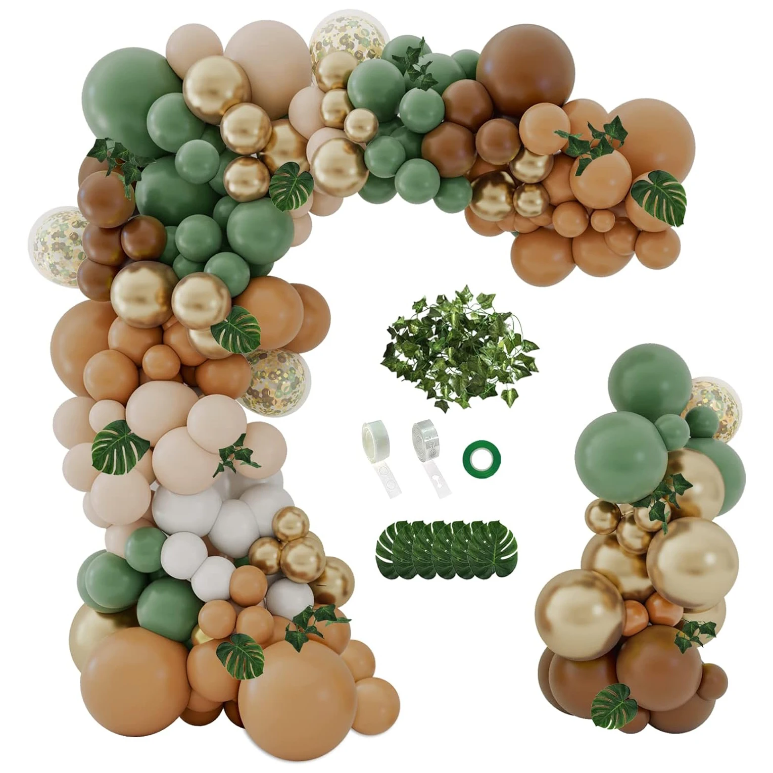 몬테소리 교육용 부직포 DIY 장난감 어린이용, 핸드메이드 공예 키트, 펠트 천, 크로스 바디 백, 조기 교육 8 숲 야생 동물 풍선 화환 아치 세트, 152 개 세이지 그린 골드, 등나무 손바닥 잎, 생일 파티 베이비 샤워 장식