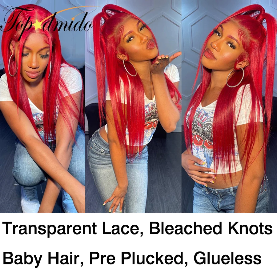 Topodmido Red Color Lace Front Wig with Baby Hair 13x4 Straight Brazilian Hair Lace Front Human Hair Wigs for Women Closure Wigs