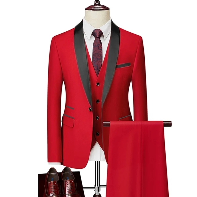 Men Skinny 3 Pieces Set Formal Slim Fit Tuxedo Prom Suit / Male Groom Wedding Blazers High Quality Dress Jacket Coat Pants Vest - 3 Pcs set red, Asian XL is US S
